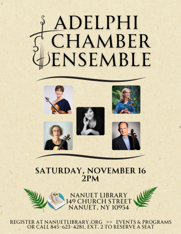 Concert poster showing the members of the group Adelphi Chamber Ensemble, date of event is Saturday, November 16 at 2pm.