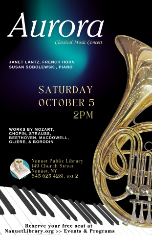 Poster showing a french horn and piano, with name Aurora and October 5 2pm performance time.