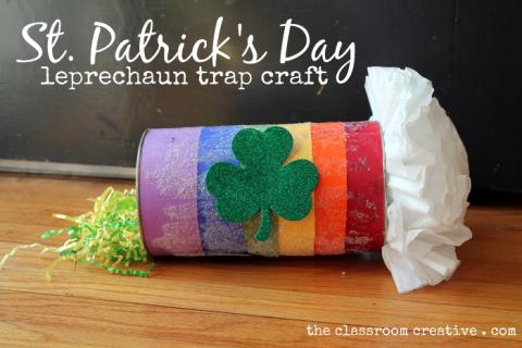 purple, blue, yellow, orange and red construction paper over coffee can with green shamrock and white tissue paper cloud