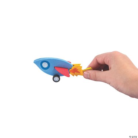 blue and red foam rocket with wheels craft