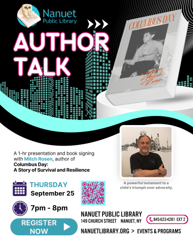 Book talk poster showing the author, Mitch Rosen and the cover of his memoir
