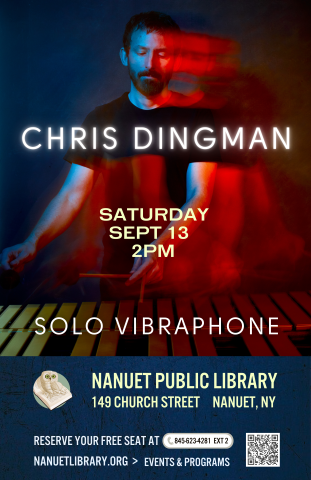 Concert poster showing Chris Dingman in motion, playing vibraphone.