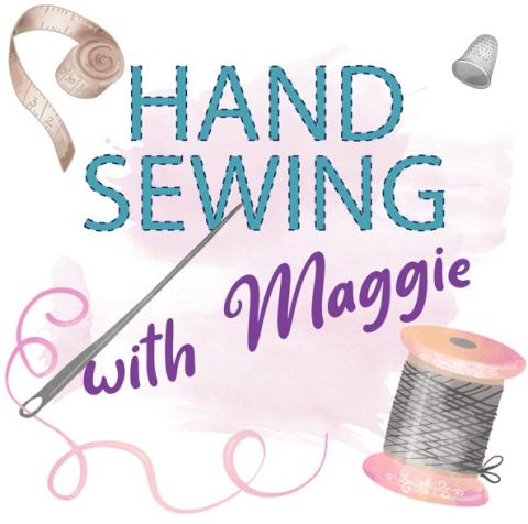 text: hand sewing with maggie with needle and thread graphics