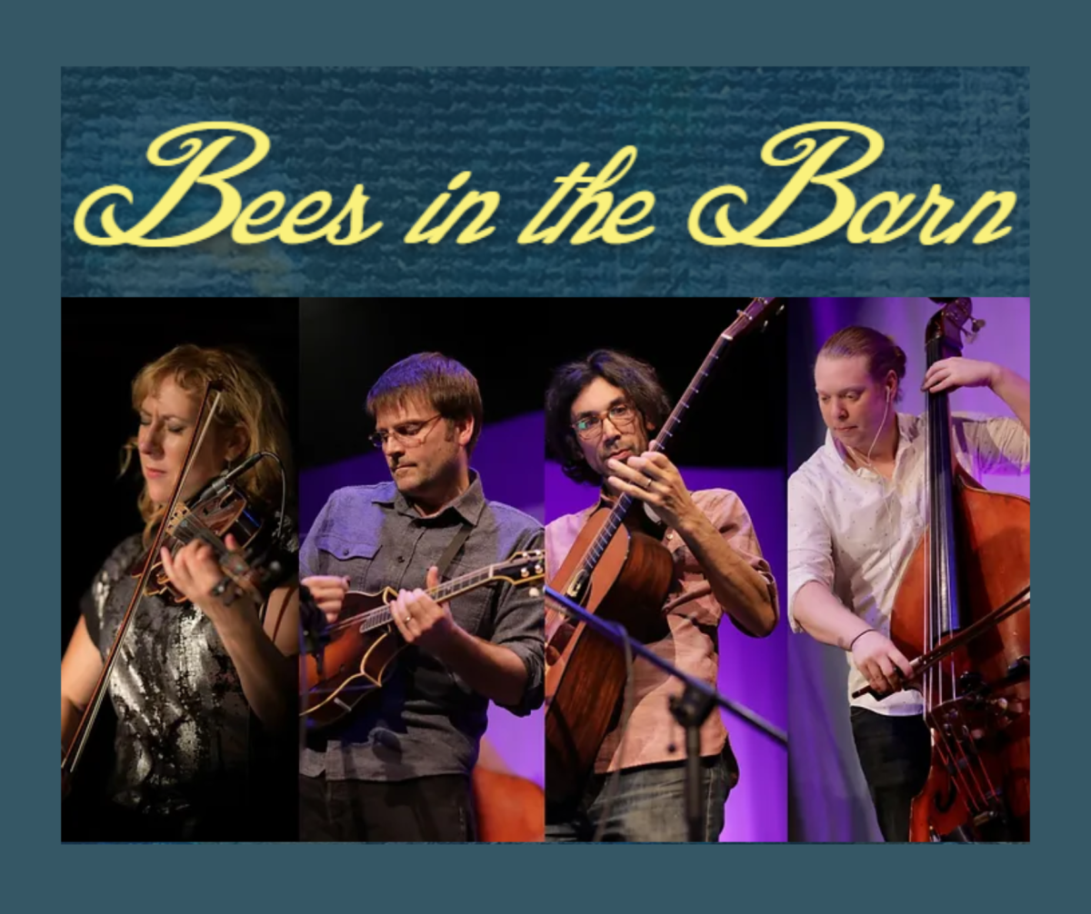 Photo of 4 members of Bees in the Barn playing fiddle, mandolin, guitar, and upright bass