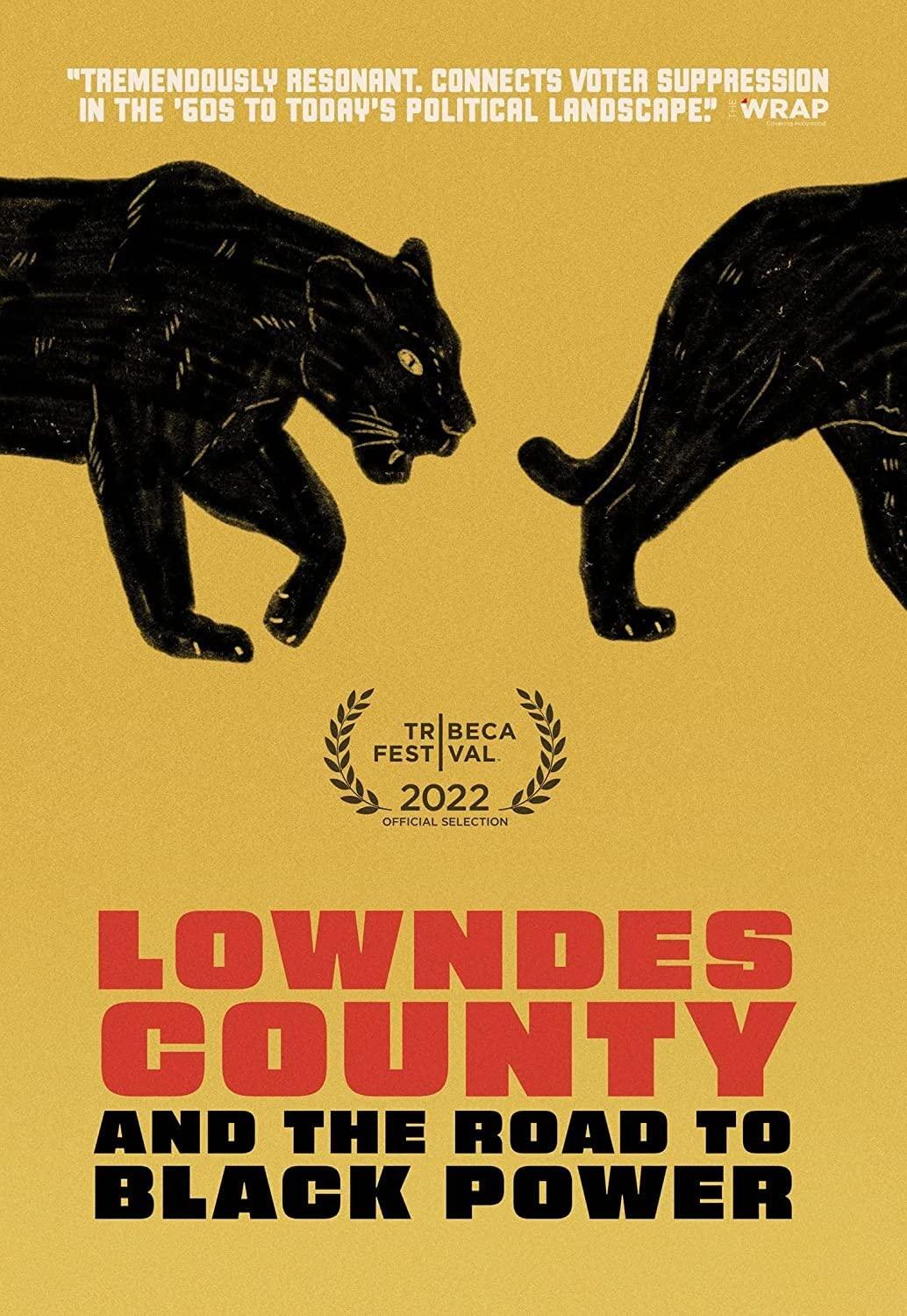 Film poster depicing 2 black panthers against a gold background, with the title Lowndes County and the Road to Black Power