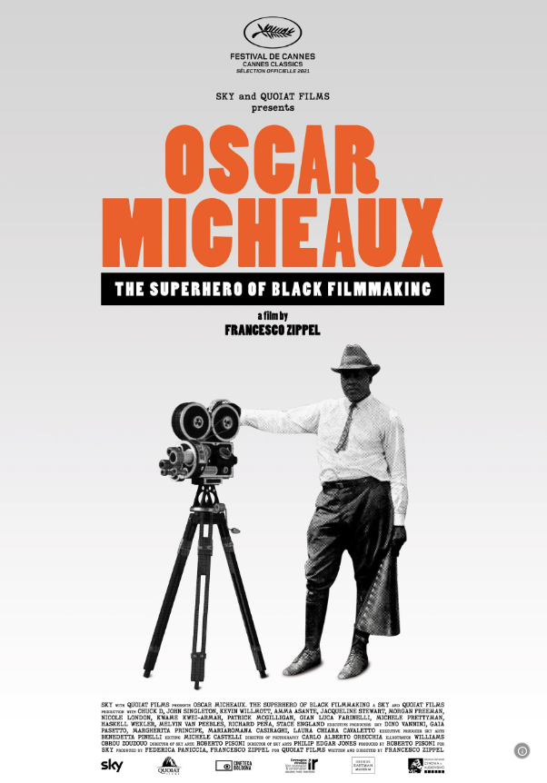 Film poster showing Oscar Micheaux with camera.