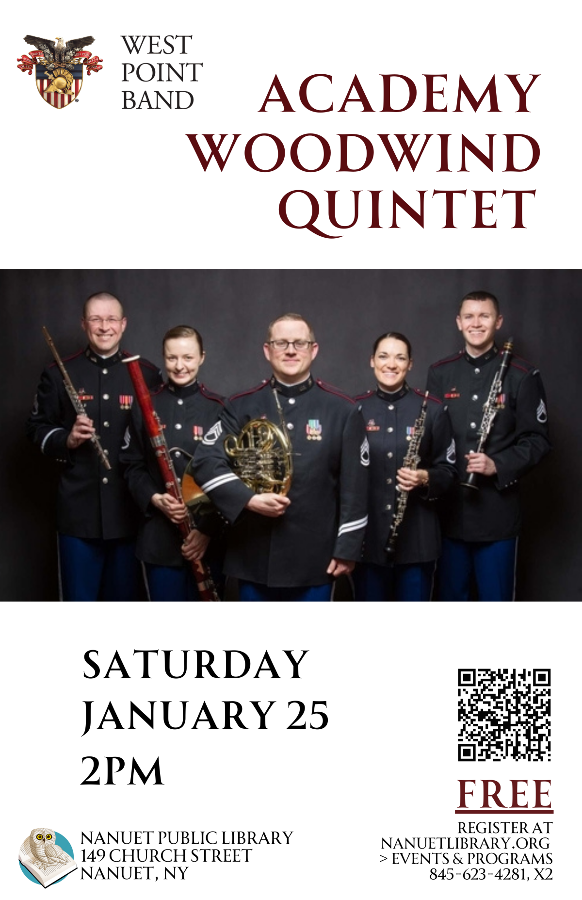 Concert poster showing members of Academy Woodwind Quintet