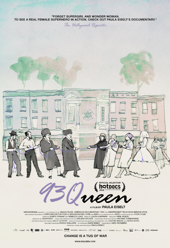 Cover of film poster showing a cartoon depiction of Hasidic Jews at a tug of war with women.  