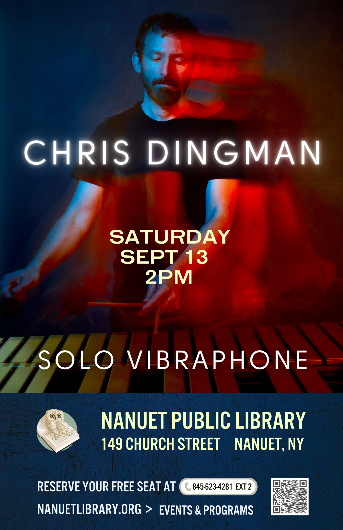 Concert poster showing Chris Dingman in motion, playing vibraphone.
