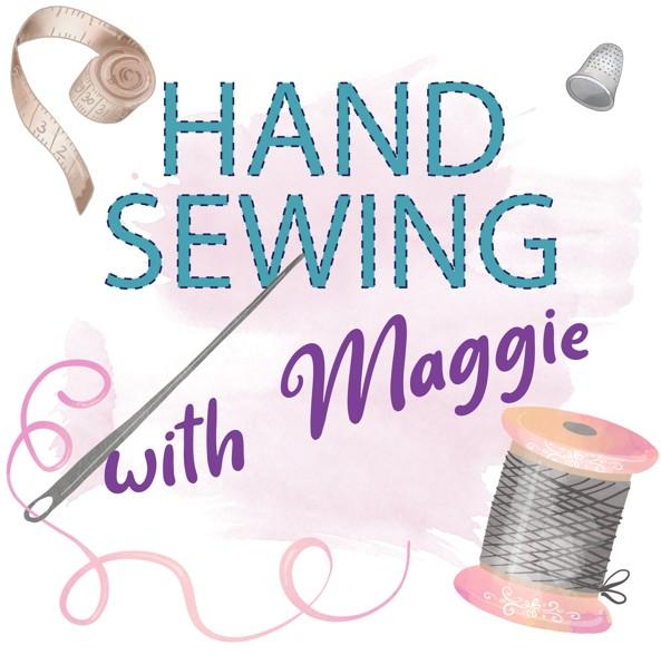 text: hand sewing with maggie with needle and thread graphics